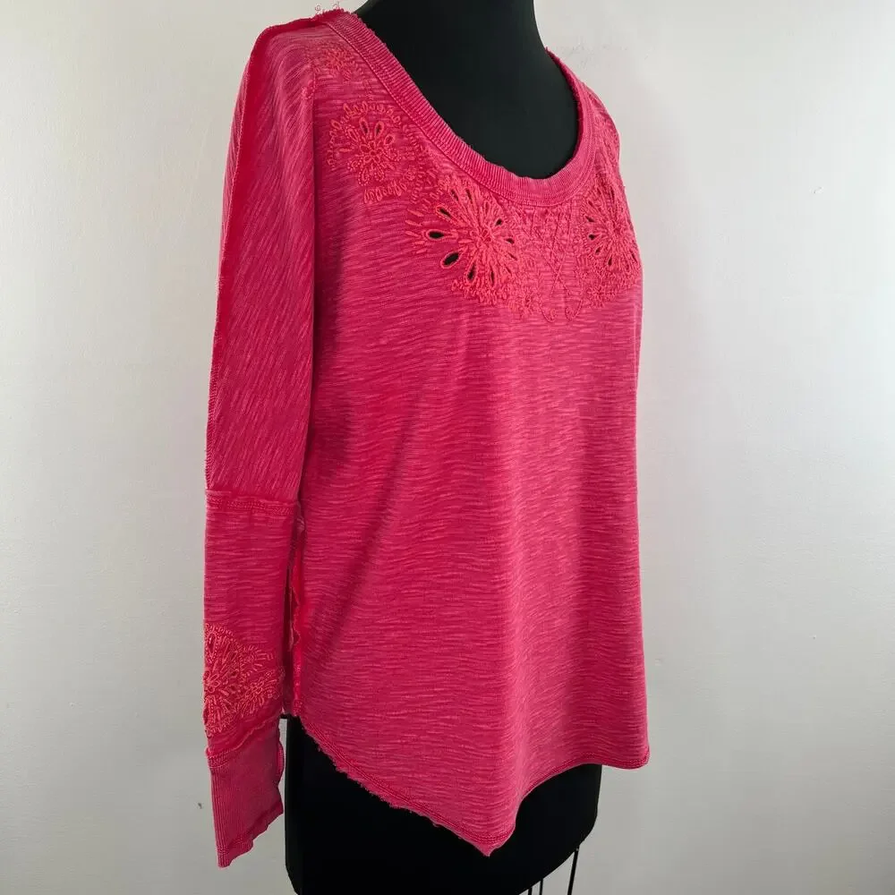 Free People Intimately Pink Long Sleeve Eyelet Back Cut-Out Cotton Top Size XS
